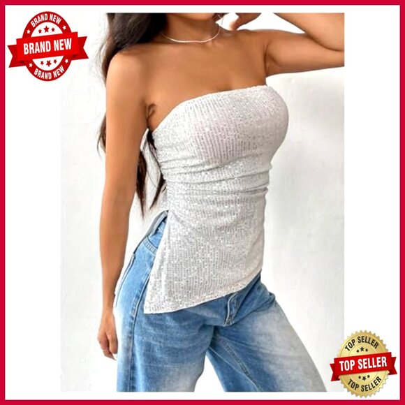 Glitter Sequin Strapless Tube Top Ruched Asymmetrical Bandeau Size Small - Picture 3 of 6